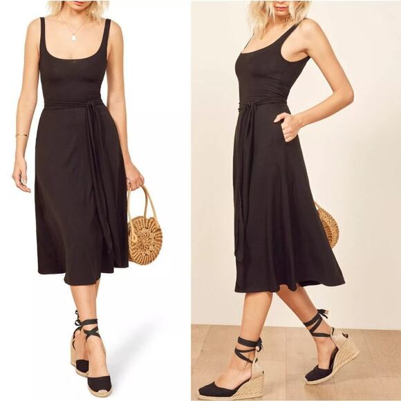 Reformation August Midi Dress Black Scoop Neck Pocket Tie Back Stretch Size XS - Picture 1 of 10